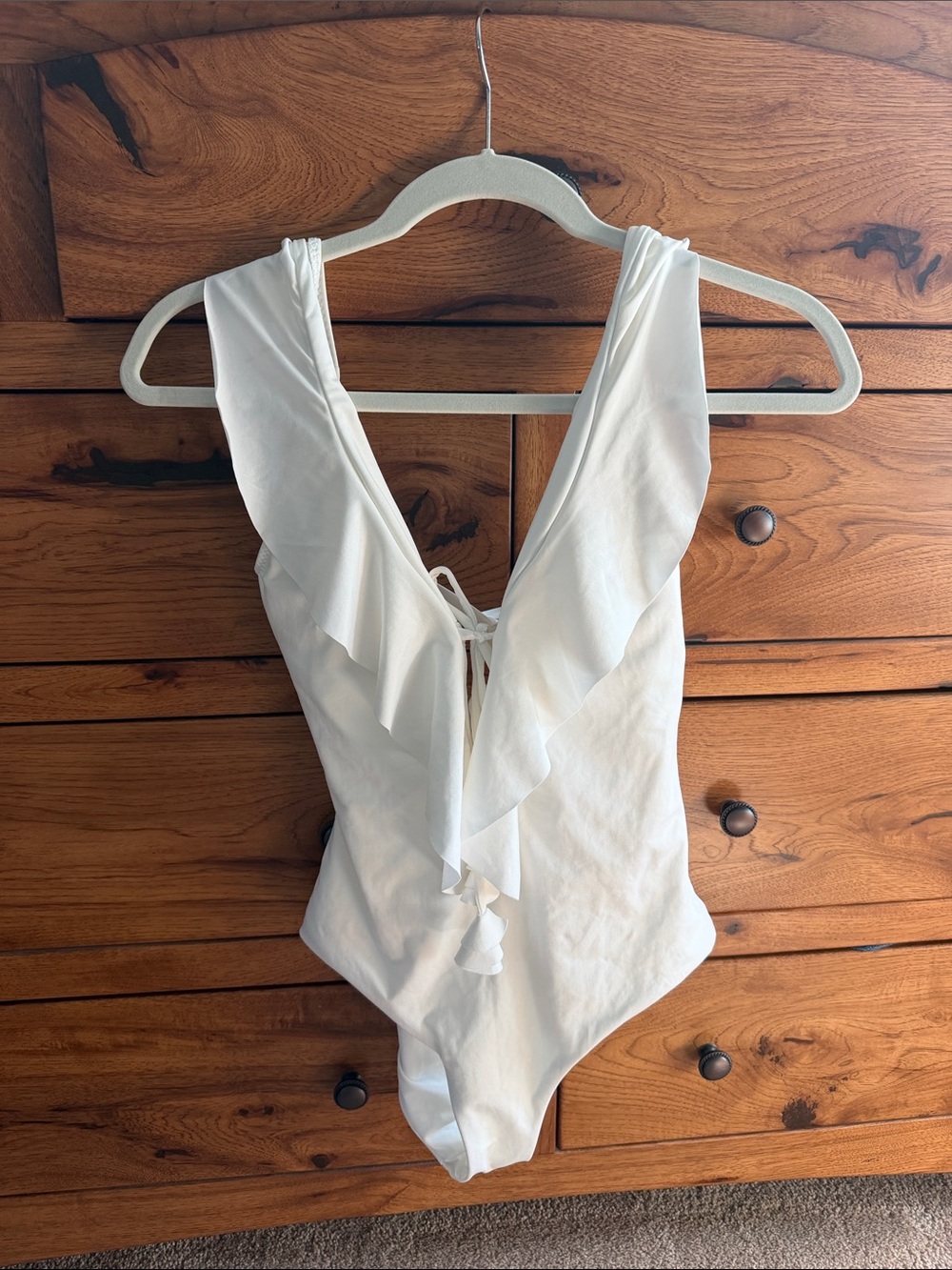 BECCA White Ruffle Tie-Front One-Piece Swimsuit with Deep V